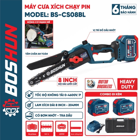 Máy Cưa Xích Pin Boshun BS-CS08BL Lam Xích 8 INCH, Không Chổi Than, 100% Lõi Đồng
