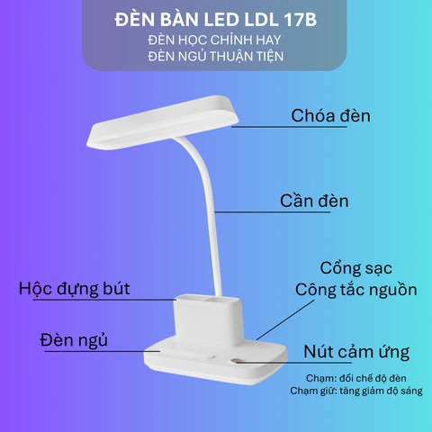 Đèn Đọc Sách Chống Cận Điện Quang ĐQ LDL17B (Cảm ứng, Pin sạc, 3W, Tích Hợp Đèn Ngủ Và Hộp Cắm Bút)