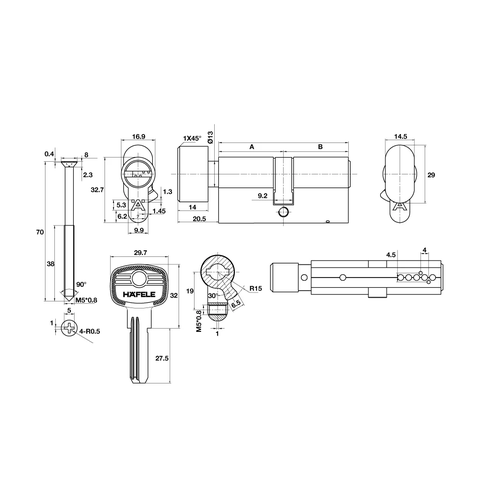 [Hafele] Ruột khóa đầu vặn đầu chìa 65mm, màu PB 489.56.005