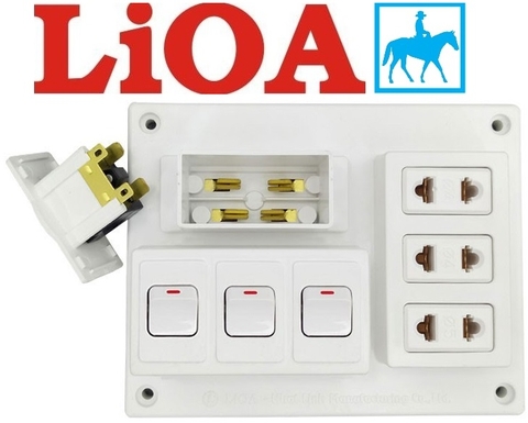 Bảng điện nổi CB 15A có 3 ổ cắm đôi 2 chấu và 3 công tắc 1 chiều LiOA B-CB15A3C