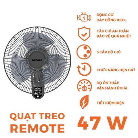 Quạt treo tường Nanoco model NWF1615RC-GR màu ghi (3 chế độ gió, công suất 47W)