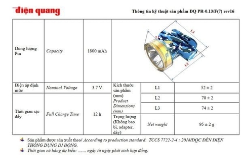Đèn pin đội đầu DQ PFL17 R (Pin Lithium, 2.5W, màu thủy quân, ánh sáng trắng/vàng)