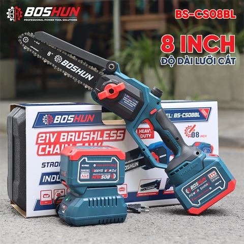Máy Cưa Xích Pin Boshun BS-CS08BL Lam Xích 8 INCH, Không Chổi Than, 100% Lõi Đồng