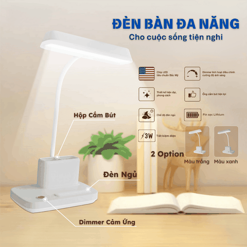 Đèn Đọc Sách Chống Cận Điện Quang ĐQ LDL17B (Cảm ứng, Pin sạc, 3W, Tích Hợp Đèn Ngủ Và Hộp Cắm Bút)