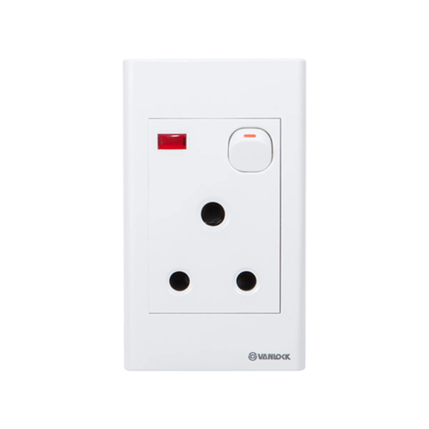 Ổ cắm S1815SN (ổ cắm 3 chấu tròn kiểu Anh 15A có công tắc và đèn báo) Sino