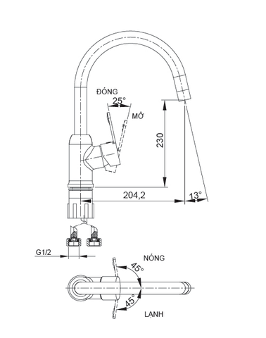 [Luxta] Vòi rửa chén nóng lạnh (Cần cong, tay gật gù, bao gồm dây cấp) L3222X6
