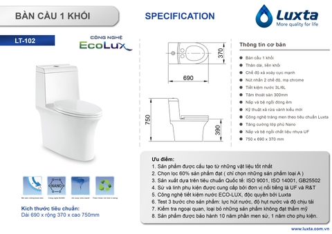 [Luxta] Bàn cầu 1 khối LT-102