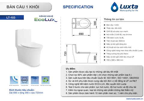 [Luxta] Bàn cầu 1 khối LT-103