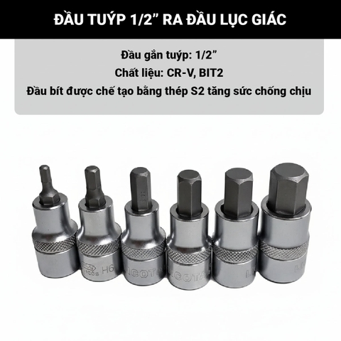 Đầu tuýp 1/2'' ra đầu lục giác 5-12mm Licota