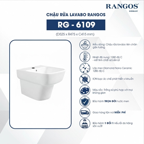 [Rangos] Chậu rửa bằng sứ treo tường RG-6109