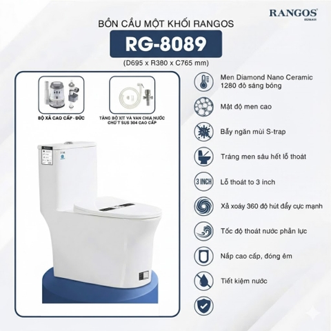 Bồn cầu 1 khối Rangos RG-8089 - Vành rim, Xả xoáy 360°, Men chống bám bẩn