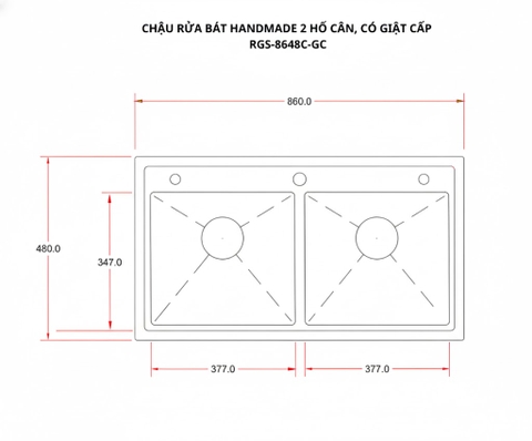 [Rangos] Chậu rửa bát handmade 2 hố cân có giật cấp RGS-8648C-GC (KT: 860x480x240mm)
