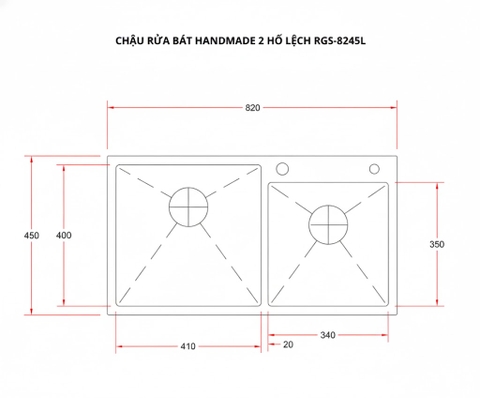 [Rangos] Chậu rửa bát handmade 2 hố lệch RGS-8245L (KT: 820x450x240mm)