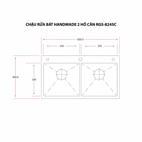[Rangos] Chậu rửa bát handmade 2 hố cân RGS-8245C (KT: 820x450x240mm)