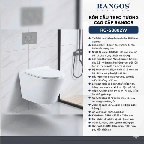 [Rangos] Bồn cầu treo tường cao cấp RG-S8802W