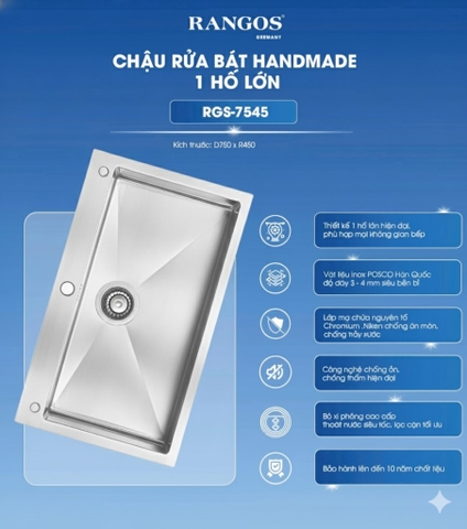 [Rangos] Chậu rửa bát handmade 1 hố lớn RGS-7545