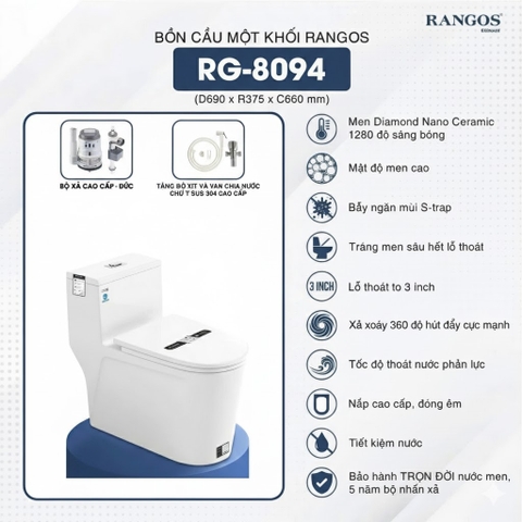 [Rangos] Bồn cầu vệ sinh bằng sứ một khối RG-8094