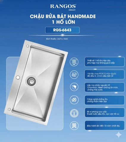 [Rangos] Chậu rửa bát handmade 1 hố lớn RGS-6843