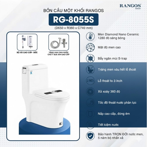 [Rangos] Bồn cầu vệ sinh bằng sứ một khối RG-8055S