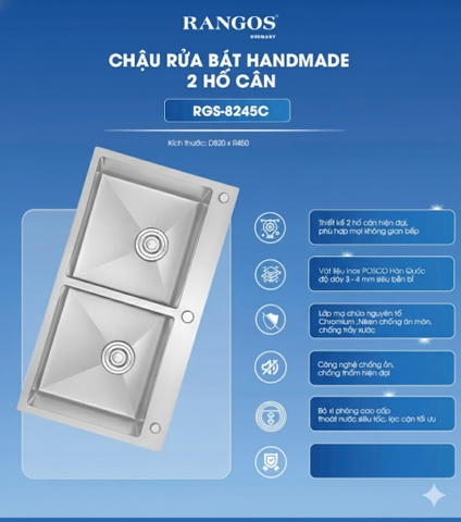[Rangos] Chậu rửa bát handmade 2 hố cân RGS-8245C (KT: 820x450x240mm)