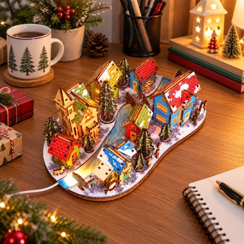 Mô hình gỗ Làng Giáng Sinh có đèn LED DIY – Halom Christmas Village
