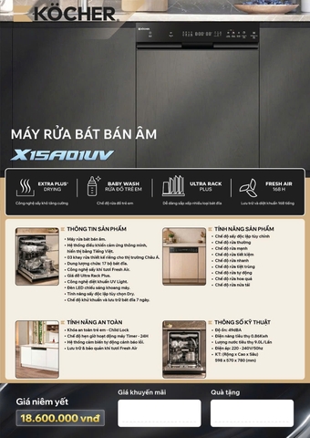 Máy rửa bát bán âm KOCHER X15A01UV – Sức chứa 17 bộ