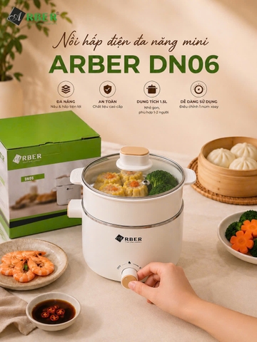 Nồi Lẩu Mini Arber DN06 Màu Trắng 1.5 Lít Kèm Xửng Hấp