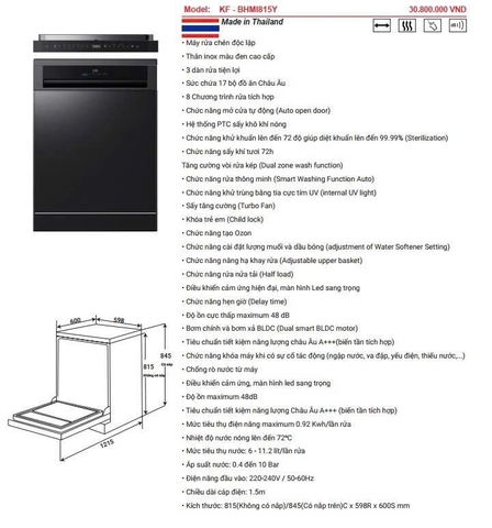Máy Rửa bát KAFF KF BHMI815Y | Tặng máy hút mùi