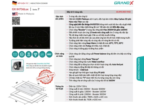 Bếp 3 từ GrandX GX IH736LUX Seri7 - Flagship - Inverter Bridge 38% Malaysia