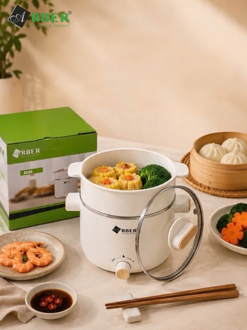 Nồi Lẩu Mini Arber DN06 Màu Trắng 1.5 Lít Kèm Xửng Hấp
