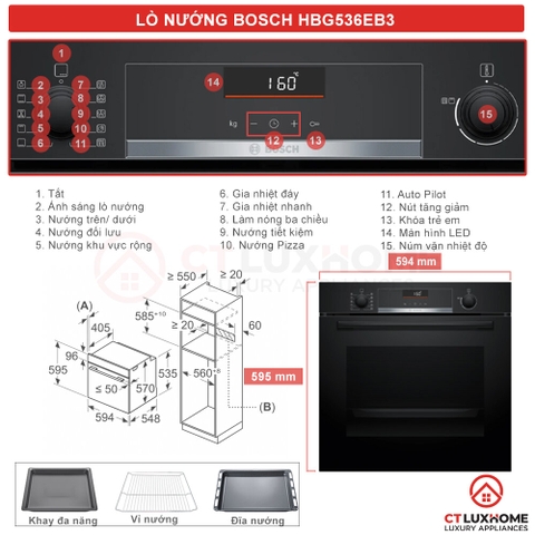 Lò nướng 71L AutoPilot 10  Bosch HBG536EB3 Serie 6
