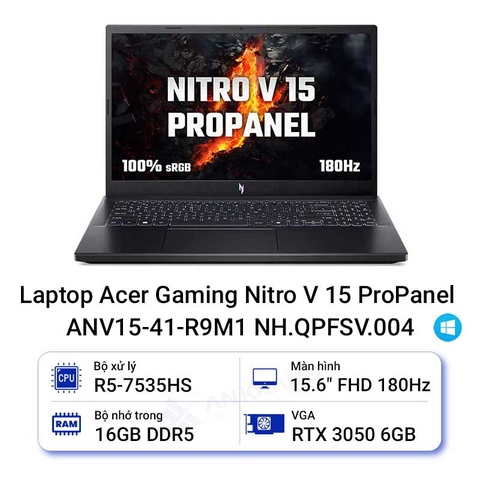 Laptop Acer Gaming Nitro V 15 ProPanel ANV15 41 R9M1 - NH.QPFSV.004 (R5 7535HS, 16GB, 512GB, RTX3050 6GB, Full HD 180Hz, Win11)