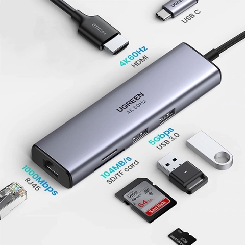 Thiết bị mở rộng USB type-C to HDMI 4K@60hz/ Hub USB 3.0/ SD/TF/Lan Gigabit chính hãng Ugreen 20954