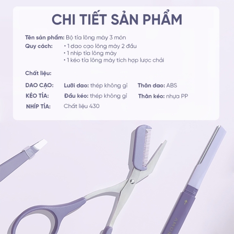 Bộ 3 dụng cụ dao kéo cắt tỉa lông mày Amortals (gồm Kéo cắt lông mày 1 cây + dao tỉa lông mày 2 đầu 1 cây + nhíp lông mày 1 cây)