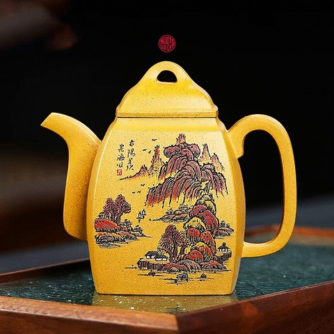 Ấm tử sa hán phương hoàng kim đoạn nê vẽ sơn thủy cao cấp 300ml