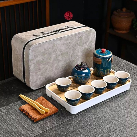 QUÀ TẶNG BỘ ẤM TRÀ DU LỊCH HÌNH HỘP VẢI CHỮ NHẬT XÁM