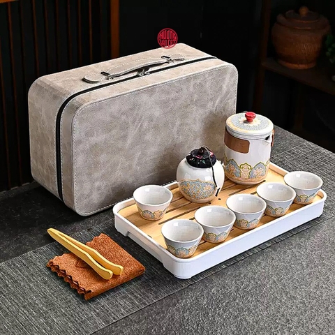 QUÀ TẶNG BỘ ẤM TRÀ DU LỊCH HÌNH HỘP VẢI CHỮ NHẬT XÁM