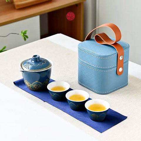 QUÀ TẶNG BỘ ẤM TRÀ DU LỊCH MINI HỘP VẢI XANH ( MẪU 1 )