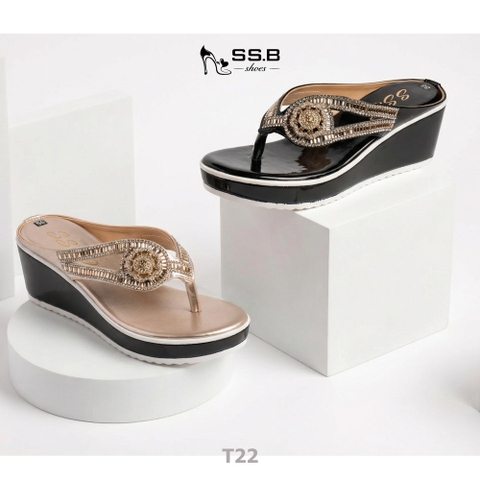 Dép nữ trung niên đế xuồng quai kẹp vế dài đính đá lấp lánh, đế xuồng đúc cao 6cm êm chân-T22