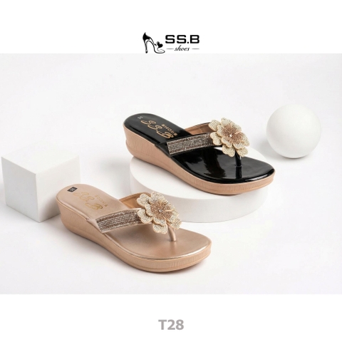Dép nữ trung niên đế xuồng quai kẹp đính bông xinh, đế xuồng bánh mì cao 5cm, nhẹ êm-T28