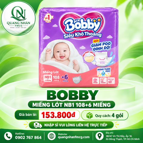 Miếng lót Bobby NB1 108 miếng + 6 miếng tặng