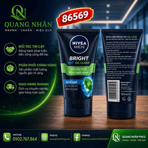 86569 SỮA RỬA MẶT NIVEA NAM BRIGHT 12H OIL CLEAR MUD 100G x 24 CHAI