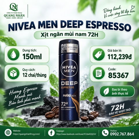 Xịt ngăn mùi NIVEA men Deep than đen hương espresso (150ml)