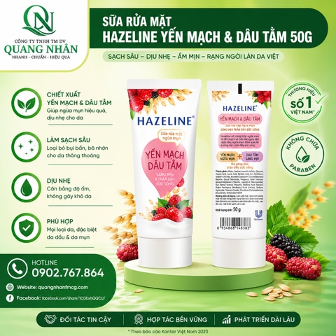 Sữa rửa mặt Hazeline yến mạch & dâu tằm 100g/24 tuýp