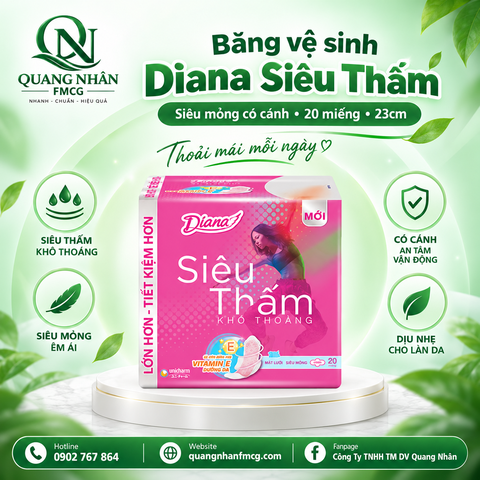 Băng vệ sinh diana siêu thấm siêu mỏng cánh 20 miếng - 23cm