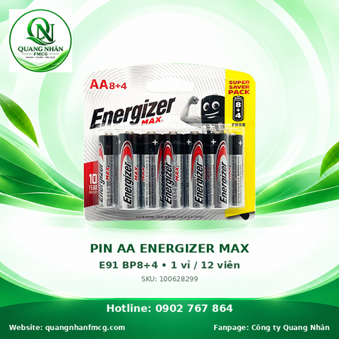 PIN AA ENERGIZER MAX E91 BP8+4 • 1 vỉ / 12 viên