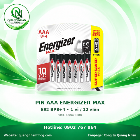 PIN AAA ENERGIZER MAX E92 BP8+4 • 1 vỉ / 12 viên