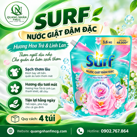 NƯỚC GIẶT SURF HƯƠNG SƯƠNG MAI DỊU MÁT 3.6KG X 4 TÚI