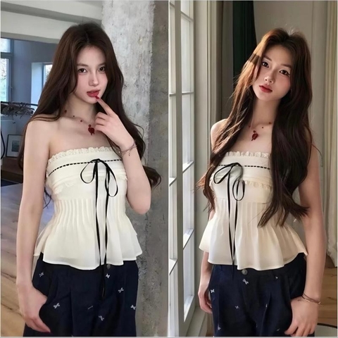Áo Quây Nữ Hotrend Thắt Nơ Viền Ren Xếp Li Eo Dễ Thương Sang Chảnh Chất Vải Lụa Mềm Mại Thân Sau Áo Chạy Chỉ Chun Co Giãn