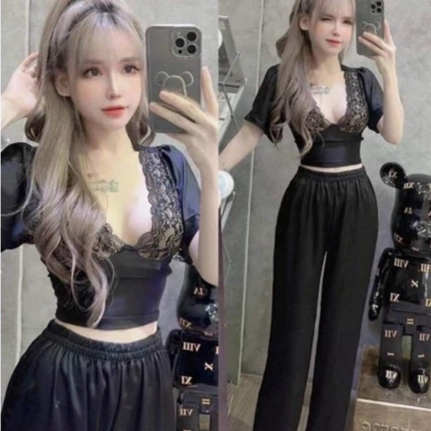 Sét bộ nữ quần dài satin áo phối ren Nhung Women Top Ong